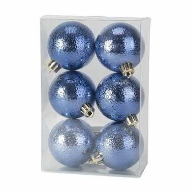 12x kunststof kerstballen cirkel motief donkerblauw 6 cm kerstboom versiering/decoratie