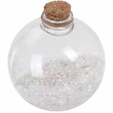 1x kerstballen transparant/wit 8 cm met witte glitters kunststof kerstboom versiering/decoratie