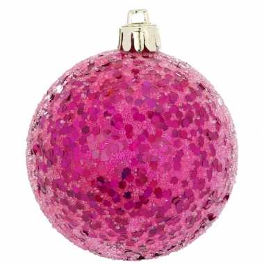 1x roze kerstballen met glitters 8 cm