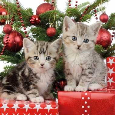 20x kerstservetten met 2 kleine katjes/poesjes 33 cm