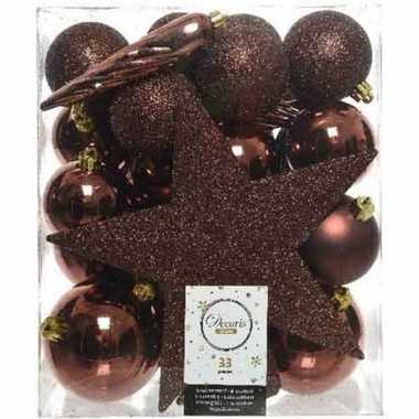33x kunststof kerstballen mix mahonie bruine 5-6-8 cm kerstboom versiering/decoratie