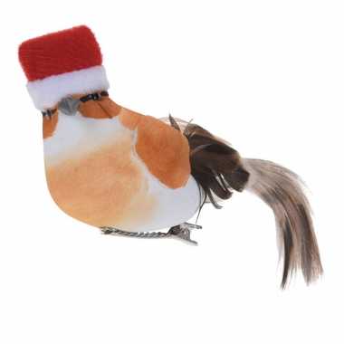 3x stuks kerstversiering vogels op clip oranje met kerstmuts op 12 cm
