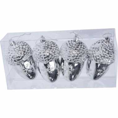 4x eikeltjes kerstornamenten kersthangers zilver 11 cm