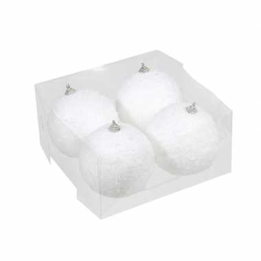 4x kunststof kerstballen met sneeuw effect wit 10 cm