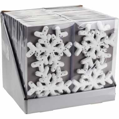 6x kerstboomversiering sneeuwvlokken hangers wit met glitters 15 cm