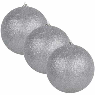6x zilveren grote kerstballen met glitter kunststof 13,5 cm