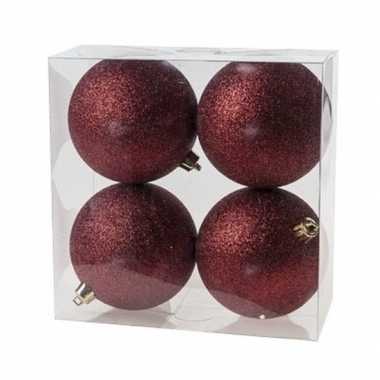 8x kunststof kerstballen glitter donkerrood 10 cm kerstboom versiering/decoratie