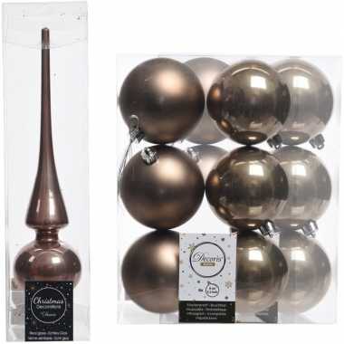 Bruine kerstversiering/kerstdecoratie set piek en 12x kerstballen 8 c