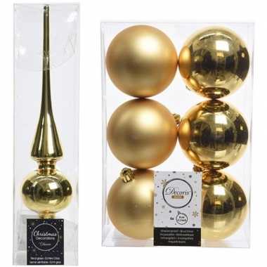 Gouden kerstversiering/kerstdecoratie set piek en 6x kerstballen 8 cm