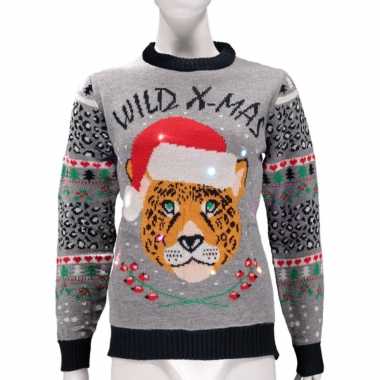 Grijze foute kersttrui wild x-mas met verlichting