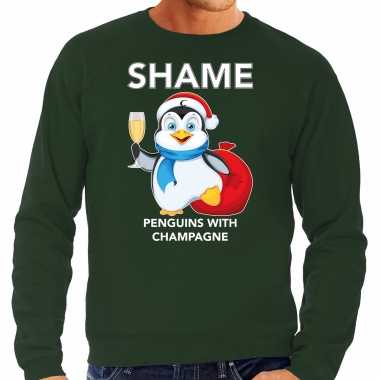 Groene kersttrui / kerstkleding met pinguin shame penguins with champagne voor heren