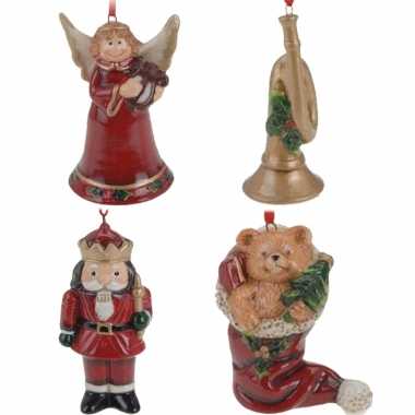 Keramiek kerstboom hangers setje van 4x stuks ornamenten/figuren 8 cm