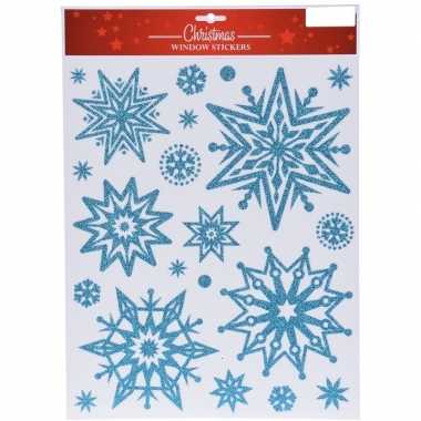 Kerst decoratie stickers blauwe glitter ijssterren plaatjes 30 x 40 cm
