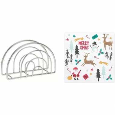 Kerst servettenhouder inclusief 20 servetten merry x-mas deco print