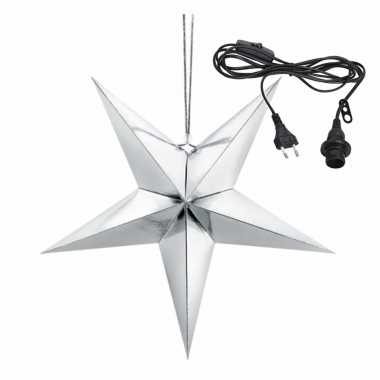 Kerstversiering zilveren kerststerren 45 cm inclusief zwarte lichtkabel