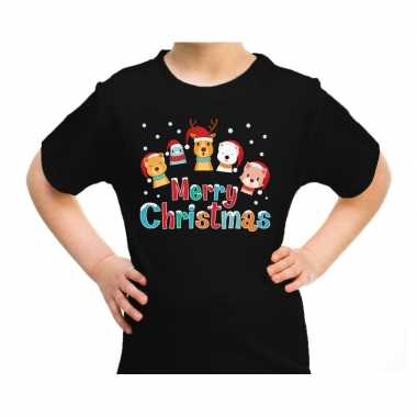 Zwart t-shirt / kerstkleding dierenvriendjes merry christmas voor kinderen