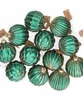 12x groene glazen kerstballen met zilveren design 8 cm