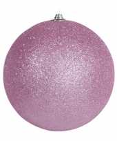 1x roze grote decoratie kerstballen met glitter kunststof 25 cm