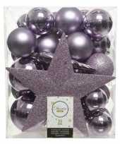 33x kunststof kerstballen mix lila paars 5 6 8 cm kerstboom versiering decoratie