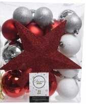 33x kunststof kerstballen mix zilver wit rood 5 6 8 cm kerstboom versiering decoratie