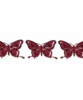 3x kerstversieringen vlinder op clip glitter bordeaux rood 14 cm