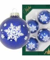 4x glazen blauwe glitter kerstballen met witte decoratie 7 cm