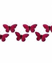 6x kerstversieringen vlindertje magenta roze 9 x 11 cm op ijzerclip