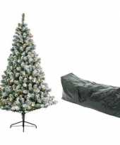 Kerst kunstboom imperial pine 210 cm besneeuwd met lichtjes en opbergzak