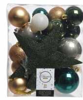 Luxe kerstballen pakket piek dennen groen goud wit kunststof 33 stuks
