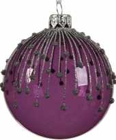 Paarse kerstversiering kerstballen met glitterlijnen van glas 8 cm