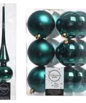 Smaragd groene kerstversiering kerstdecoratie set piek en 12x kerstballen 8 cm glans mat