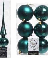 Smaragd groene kerstversiering kerstdecoratie set piek en 6x kerstballen 8 cm glans mat