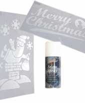 Sneeuwspray kerst raamsjablonen merry christmas tekst en kerstmannen plaatje met sneeuwspray 54 cm