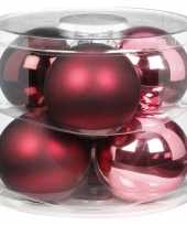 Tube met 6x roze rode kerstballen van glas 10 cm glans en mat